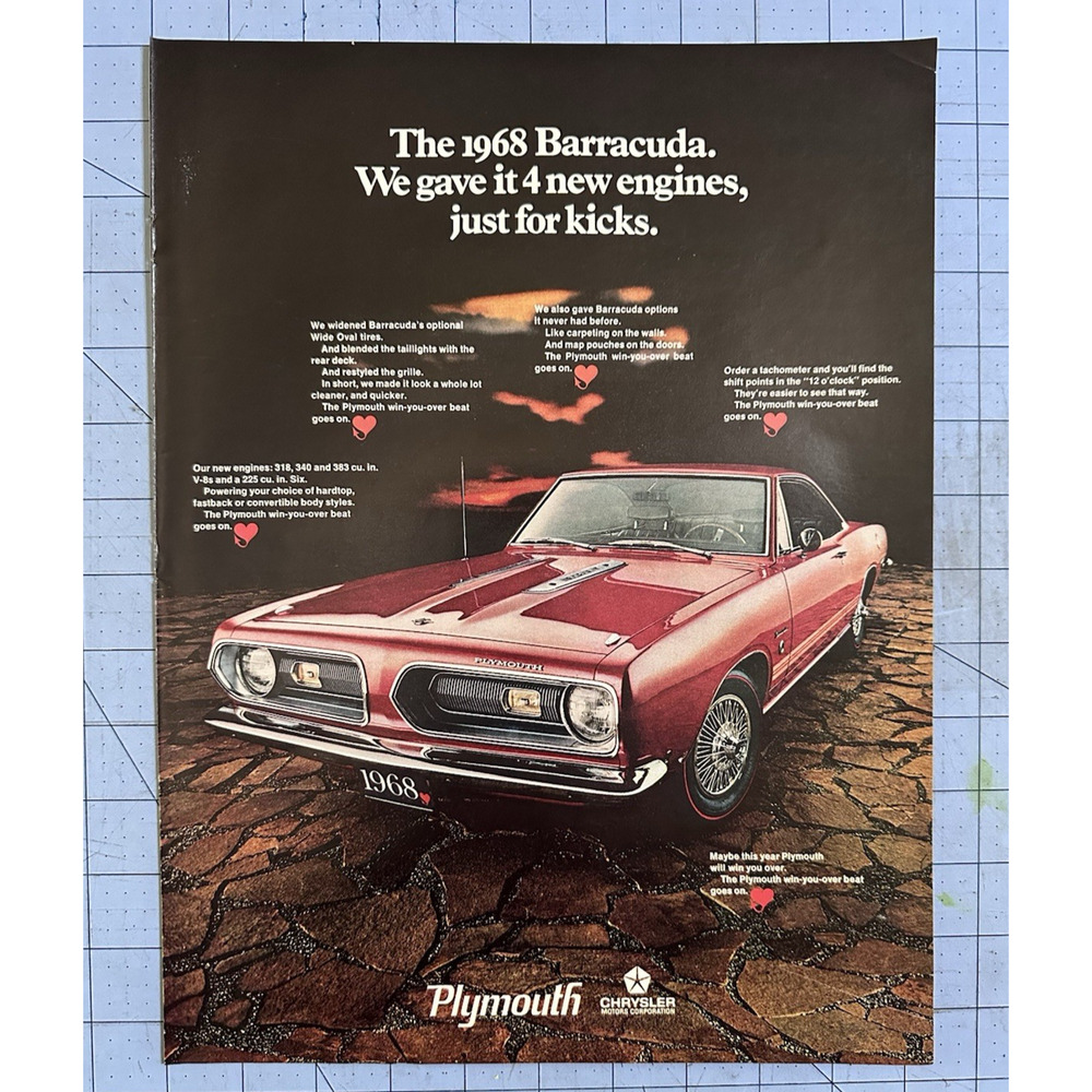 1967 VTG Original Magazine Ad PLYMOUTH Car '68 BARRACUDA Red Just For Kicks